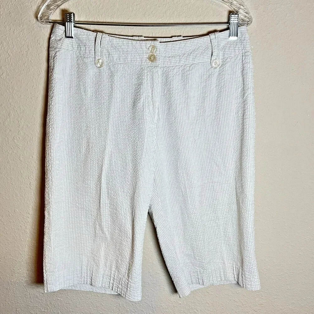 Harve Benard Bermuda‎ Shorts Womens 16P Beige/Brown Seersucker Flat Front Casual